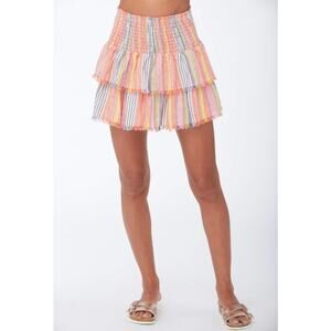 Sundays Lara Striped Linen Skirt Red Multi Smocked Ruffled Size 1 / Small